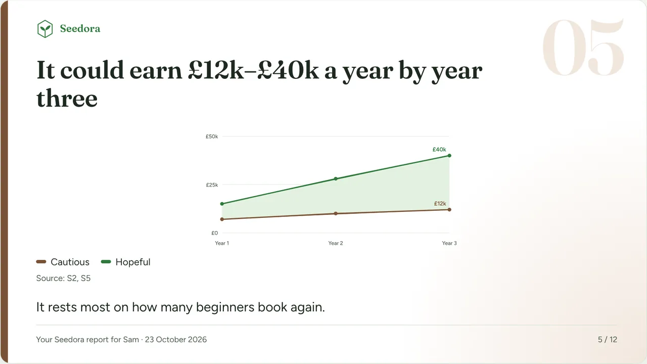 Chart slide: yearly revenue could reach £12,000 to £40,000 by year three, cautious and hopeful lines with the range between them shaded.